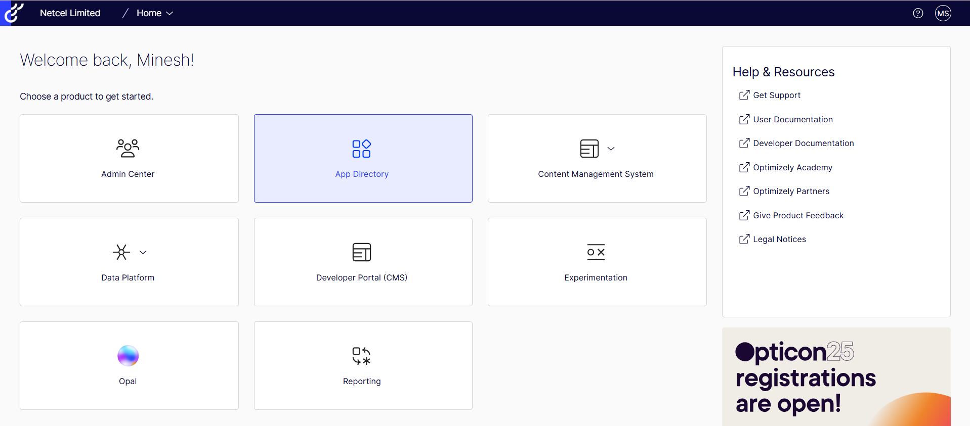 Screenshot showing Optimizely Identity dashboard
